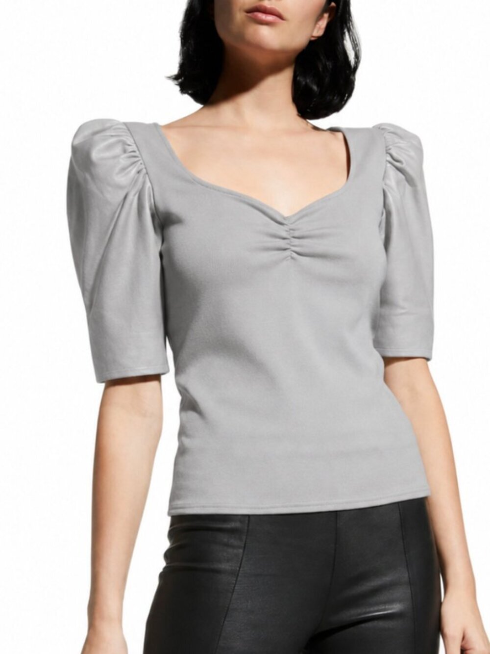 Lamarque Kira Leather Sleeve Knit Top in Moon Grey Size S